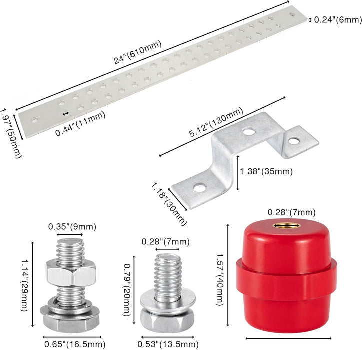 0.24"x 1.97"x 24" Classic Electrical Tinned Copper Ground Bus Bar Kit, 38 x 0.44"(7/16") Terminal Positions