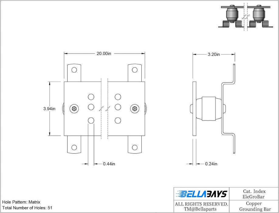 0.24"x 3.94"x 20" Classic Electrical Tinned Copper Ground Bus Bar Kit, 51 x 0.44"(7/16") Terminal Positions