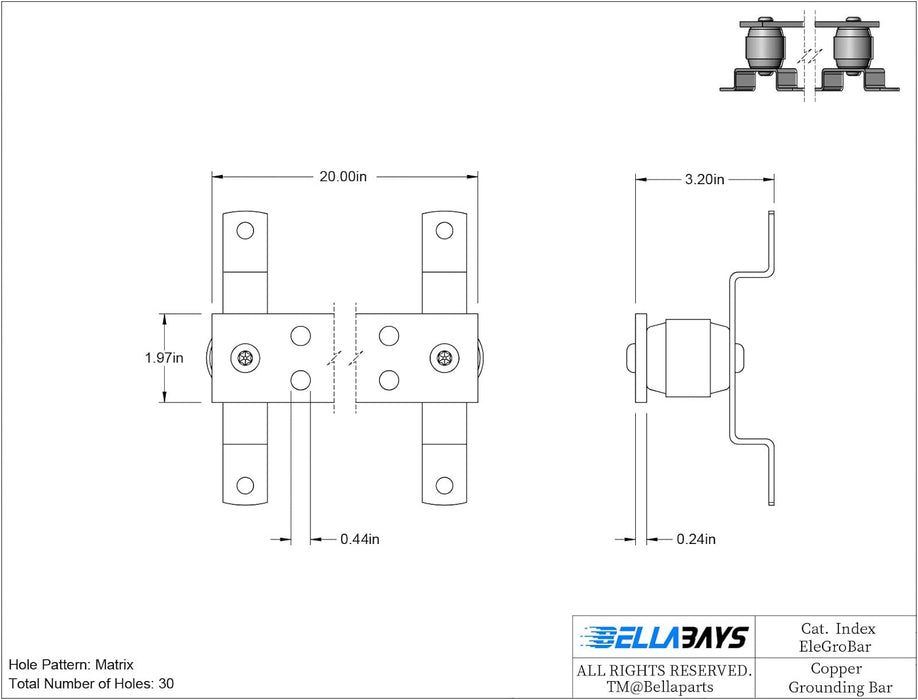 0.24"x 1.97"x 20" Classic Electrical Copper Ground Bus Bar Kit, 30 x 0.44"(7/16") Terminal Positions