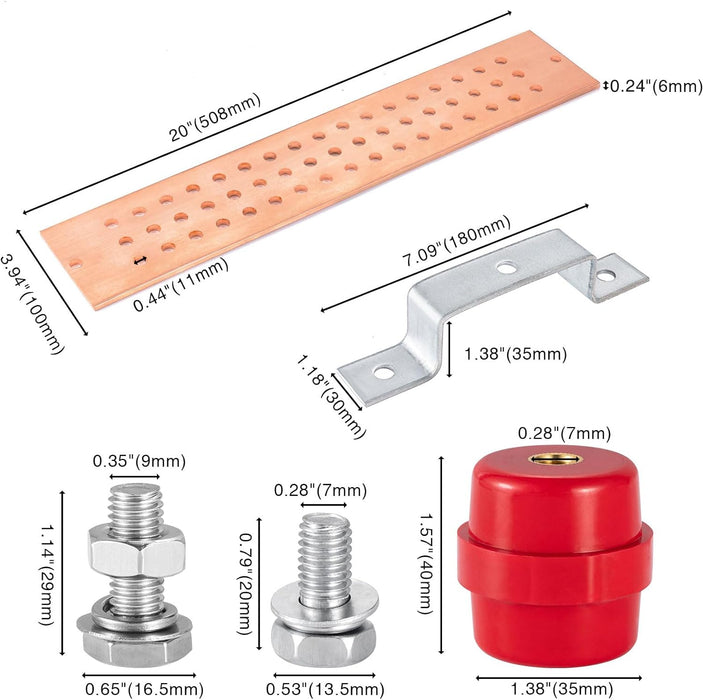 0.24"x 3.94"x 20" Classic Electrical Copper Ground Bus Bar Kit, 51 x 0.44"(7/16") Terminal Positions