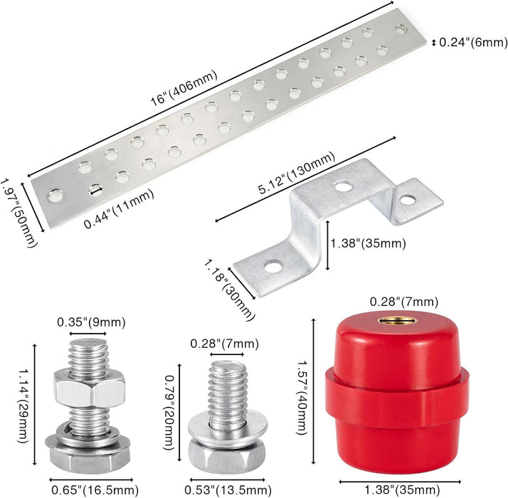 0.24"x 1.97"x 16" Classic Electrical Tinned Copper Ground Bus Bar Kit, 26 x 0.44"(7/16") Terminal Positions