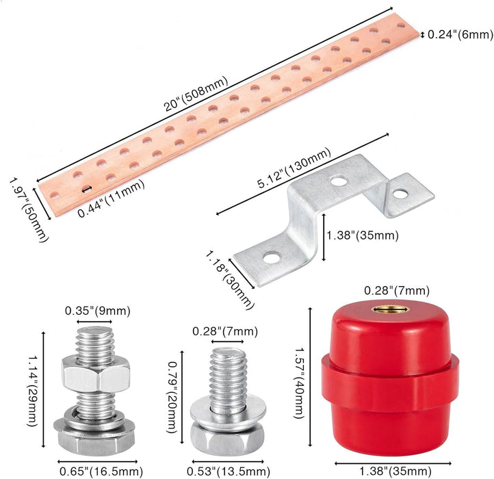 0.24"x 1.97"x 20" Classic Electrical Copper Ground Bus Bar Kit, 30 x 0.44"(7/16") Terminal Positions