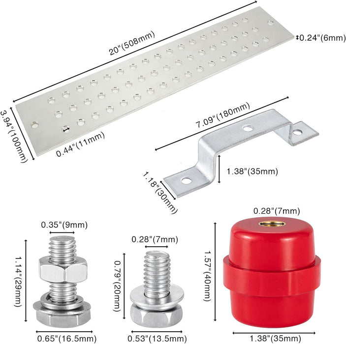 0.24"x 3.94"x 20" Classic Electrical Tinned Copper Ground Bus Bar Kit, 51 x 0.44"(7/16") Terminal Positions