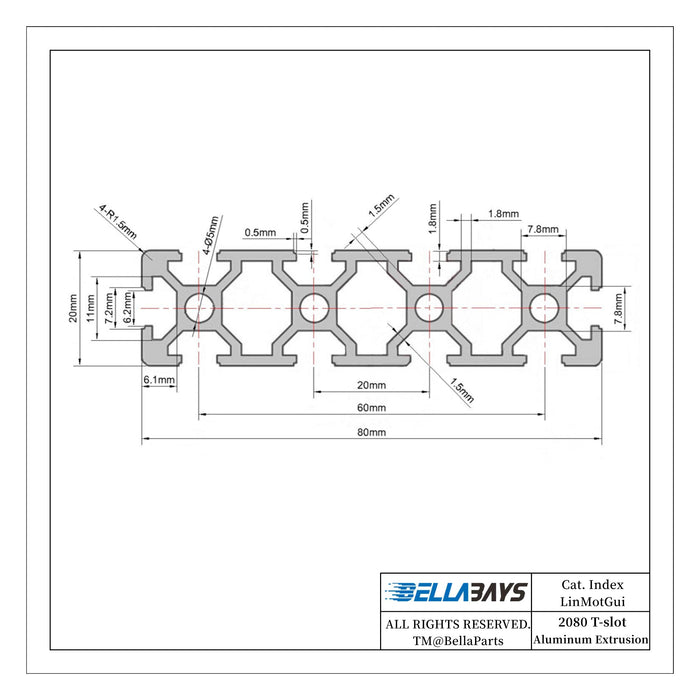 2080 T slot aluminum extrusion dimensions