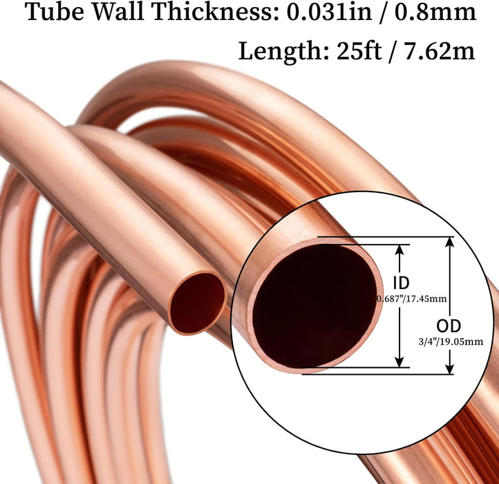 BELLA BAYS Copper Tubing 3/4" OD x 0.687" x 25 ft, 99.9% C12200 ASTM B280 Refrigeration ACR Tubing Seamless Soft Coil Round T2 Pure Copper Tube for HVAC System, Refrigerator, Industry, DIY